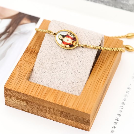 Bild von 316 Edelstahl Einstellbares Slider/ Slide Armband Schieberarmband Vergoldet Oval Jesus Mit Glas Cabochon 25cm lang, 1 Strang