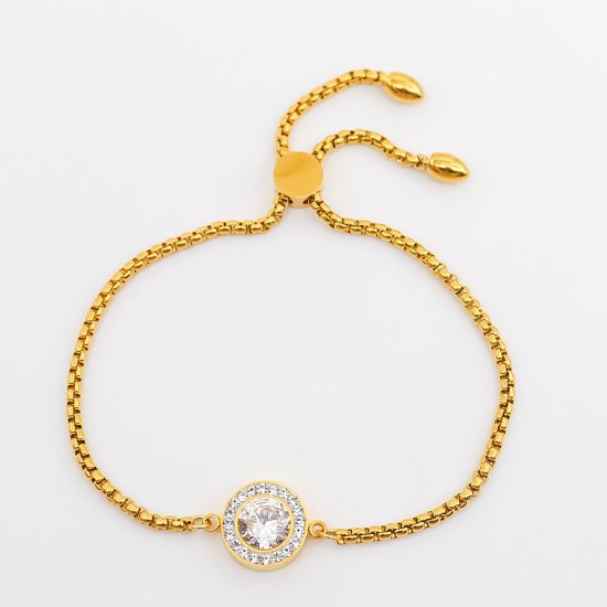 Imagen de 316 Acero Inoxidable Ajustable Slider/ Slide Pulsera Chapado en Oro Blanco Ronda Claro Circón Artificial 28cm longitud, 1 Unidad