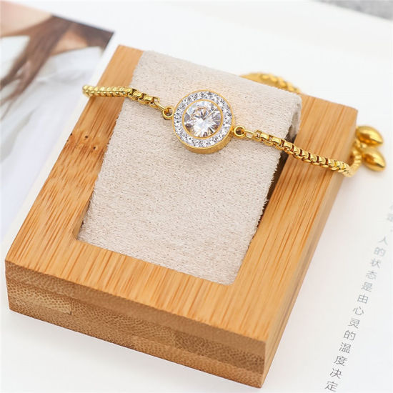 Imagen de 316 Acero Inoxidable Ajustable Slider/ Slide Pulsera Chapado en Oro Blanco Ronda Claro Circón Artificial 28cm longitud, 1 Unidad