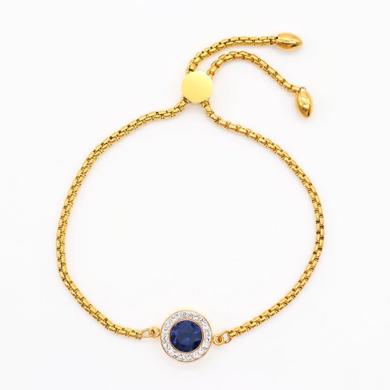Image de Bracelet Bolo Réglable Nœud Glissé en 316 Acier Inoxydable Doré Bleu Foncé Rond Zircone Cubique Clair 28cm long, 1 Pièce