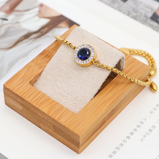 Image de Bracelet Bolo Réglable Nœud Glissé en 316 Acier Inoxydable Doré Bleu Foncé Rond Zircone Cubique Clair 28cm long, 1 Pièce