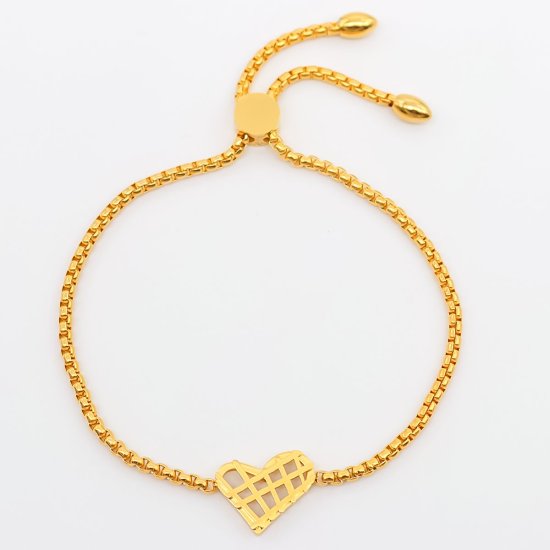 Imagen de 316 Acero Inoxidable Ajustable Slider/ Slide Pulsera Chapado en Oro Corazón Enrejado Hueco 28cm longitud, 1 Unidad