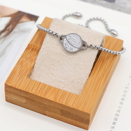 Image de Bracelet Bolo Réglable Nœud Glissé en 316 Acier Inoxydable Argent Mat Univers Planète Zircone Cubique Clair 28cm long, 1 Pièce