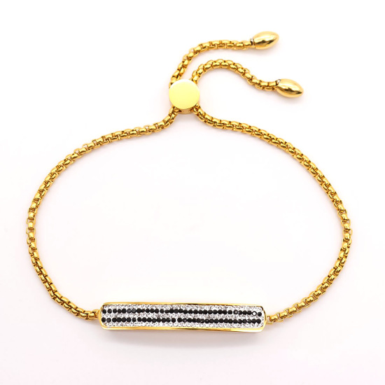 Imagen de 316 Acero Inoxidable Ajustable Slider/ Slide Pulsera Chapado en Oro Rectángulo Claro & Negro Circón Artificial 30cm longitud, 1 Unidad