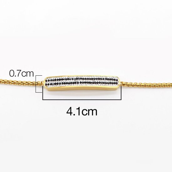 Imagen de 316 Acero Inoxidable Ajustable Slider/ Slide Pulsera Chapado en Oro Rectángulo Claro & Negro Circón Artificial 30cm longitud, 1 Unidad