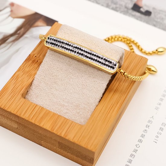 Imagen de 316 Acero Inoxidable Ajustable Slider/ Slide Pulsera Chapado en Oro Rectángulo Claro & Negro Circón Artificial 30cm longitud, 1 Unidad