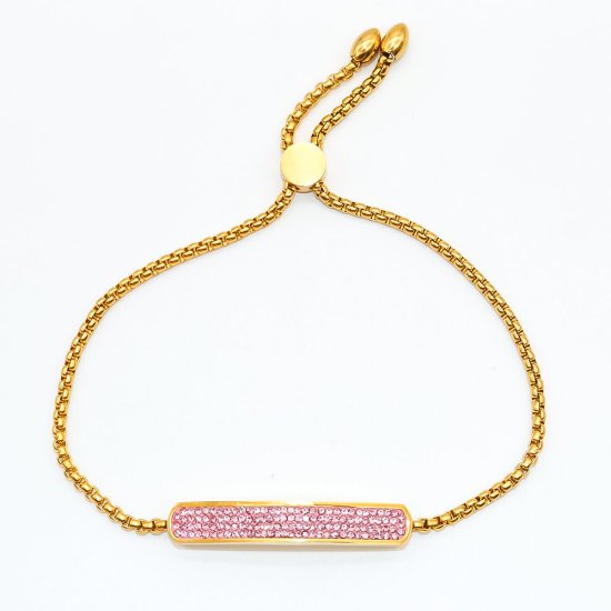 Image de Bracelet Bolo Réglable Nœud Glissé en 316 Acier Inoxydable Doré Rectangle Zircone Cubique Rose 30cm long, 1 Pièce