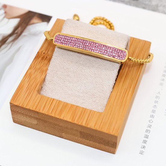 Image de Bracelet Bolo Réglable Nœud Glissé en 316 Acier Inoxydable Doré Rectangle Zircone Cubique Rose 30cm long, 1 Pièce