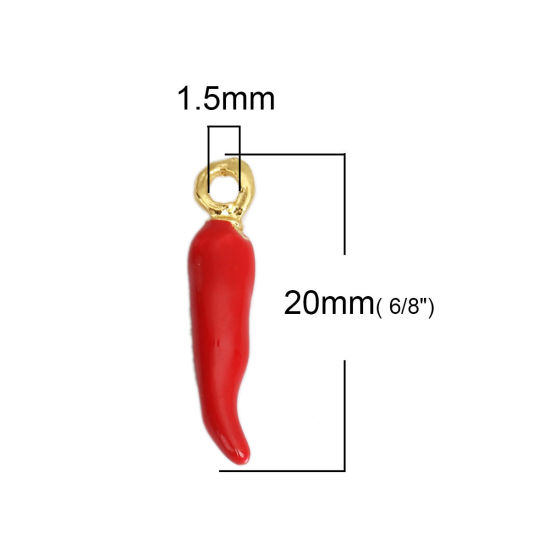 Bild von Zinklegierung Charms Chili Vergoldet Rot Emaille 20mm x 4mm, 10 Stück