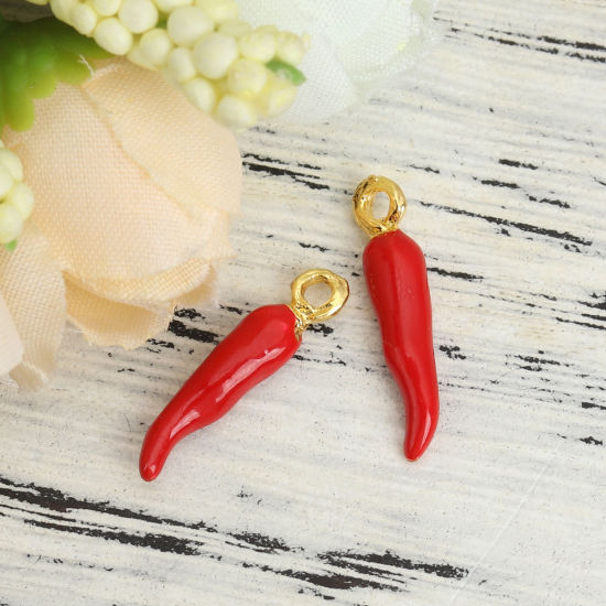 Picture of Zinc Based Alloy Charms Chili Gold Plated Red Enamel 20mm x 4mm, 10 PCs