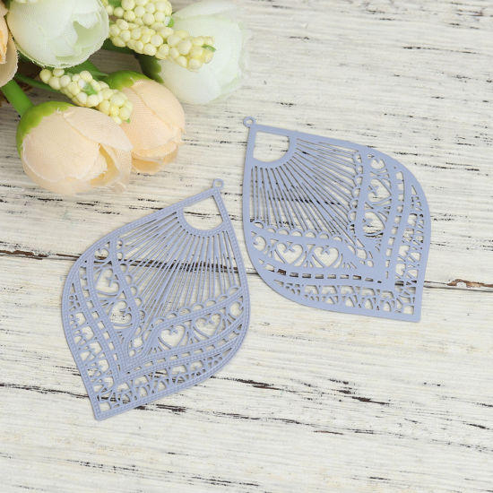 Picture of Brass Filigree Stamping Pendants Gray Feather 59mm x 39mm, 10 PCs                                                                                                                                                                                             