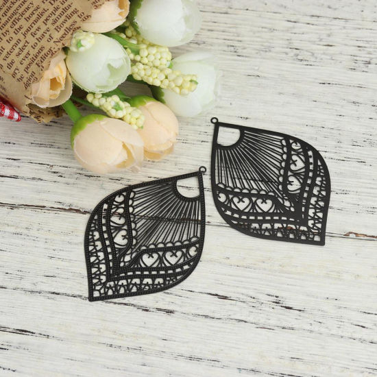 Picture of Brass Filigree Stamping Pendants Gray Feather 59mm x 39mm, 10 PCs                                                                                                                                                                                             