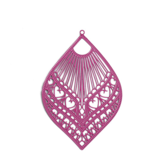 Picture of Brass Filigree Stamping Pendants Purple Feather 59mm x 39mm, 10 PCs                                                                                                                                                                                           