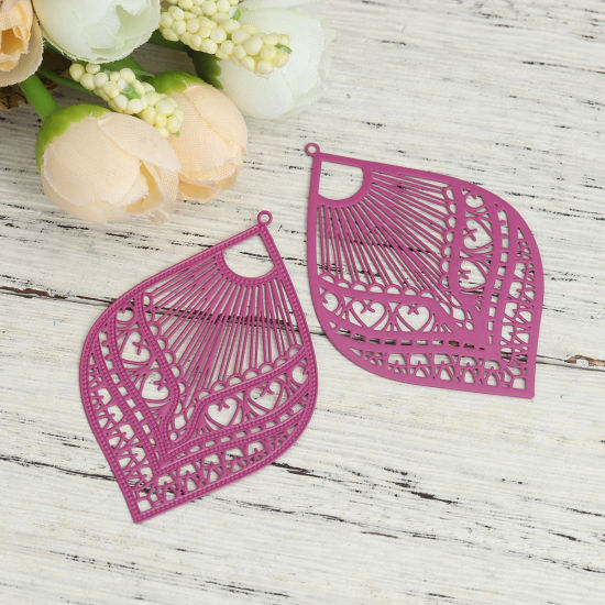 Picture of Brass Filigree Stamping Pendants Purple Feather 59mm x 39mm, 10 PCs                                                                                                                                                                                           