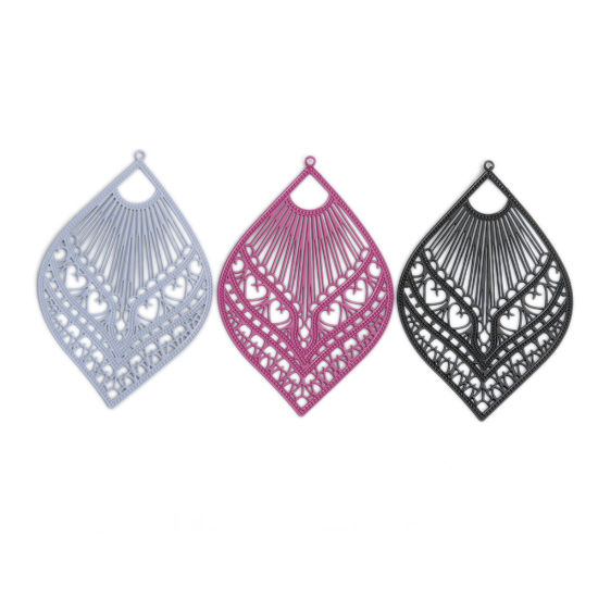 Picture of Brass Filigree Stamping Pendants Purple Feather 59mm x 39mm, 10 PCs                                                                                                                                                                                           