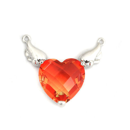 Bild von Messing + Glas Verbinder Herz Silberfarbe Orange Flügel 29mm x 26mm, 1 Stück