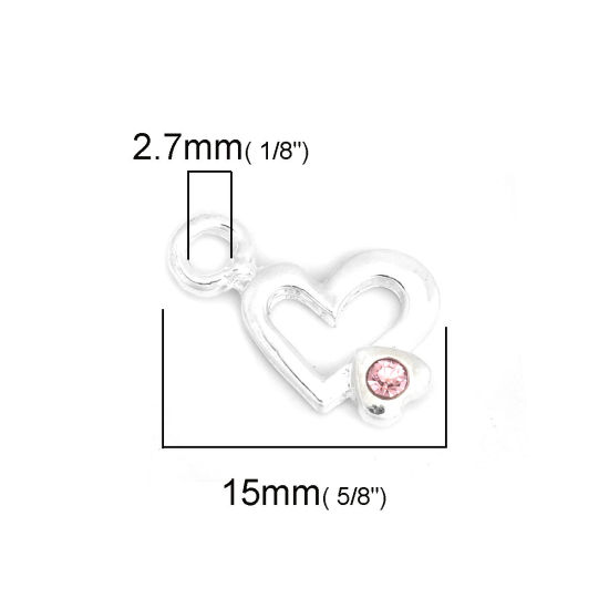 Bild von Zinklegierung Charms Herz Versilbert Rosa Strass 15mm x 12mm, 10 Stück