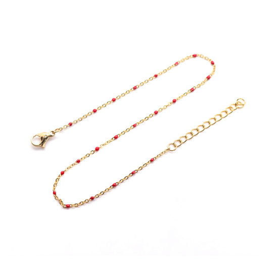 Picture of 1 Piece Vacuum Plating 304 Stainless Steel Enamel Anklet Gold Plated Red 24.5cm(9 5/8") long