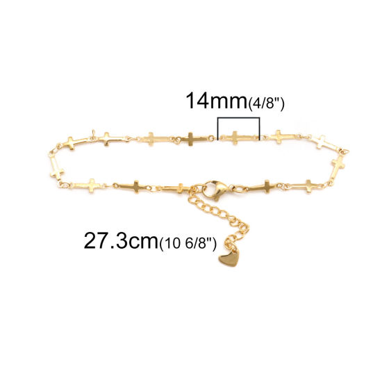Picture of 1 Piece Vacuum Plating 304 Stainless Steel Anklet Gold Plated Cross 22.5cm(8 7/8") long