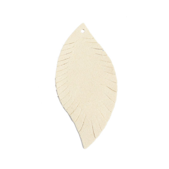 Picture of PU Leather Pendants Leaf Creamy-White 6.2cm x 3cm, 10 PCs