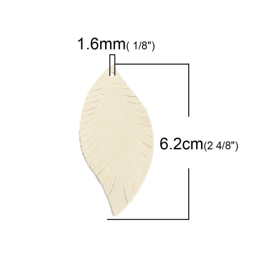 Picture of PU Leather Pendants Leaf Creamy-White 6.2cm x 3cm, 10 PCs
