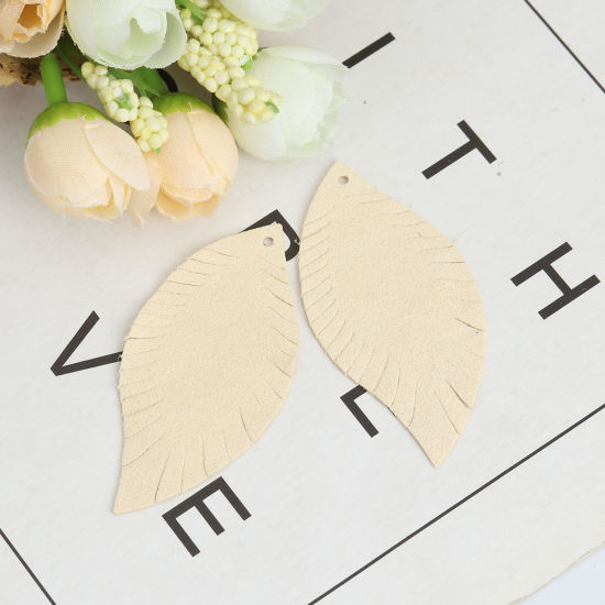 Picture of PU Leather Pendants Leaf Creamy-White 6.2cm x 3cm, 10 PCs