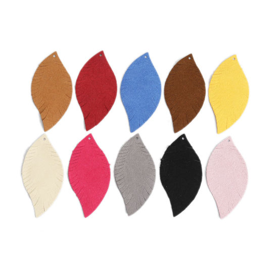 Picture of PU Leather Pendants Leaf Creamy-White 6.2cm x 3cm, 10 PCs