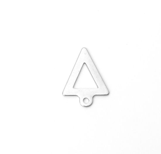 Picture of 304 Stainless Steel Chain Tail Extender Charms Triangle Silver Tone Hollow 12mm x 9mm, 10 PCs