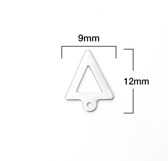 Picture of 304 Stainless Steel Chain Tail Extender Charms Triangle Silver Tone Hollow 12mm x 9mm, 10 PCs