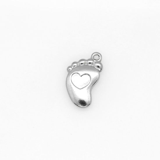Picture of 304 Stainless Steel Charms Footprint Silver Tone Heart 17mm x 10mm, 10 PCs
