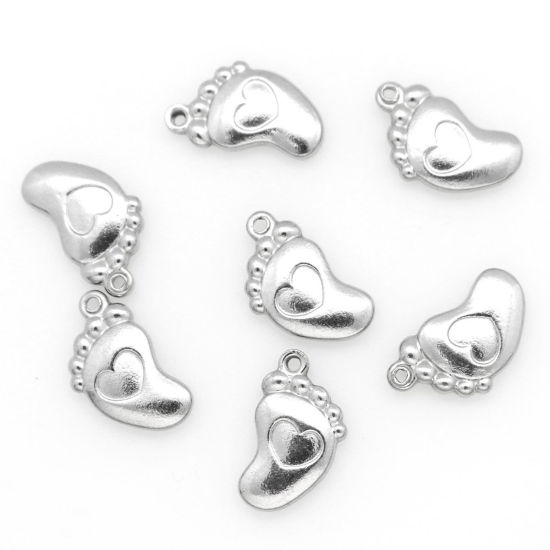 Picture of 304 Stainless Steel Charms Footprint Silver Tone Heart 17mm x 10mm, 10 PCs