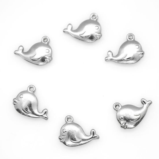 Imagen de 304 Acero Inoxidable Joyería del océano Colgantes Charms Ballena Tono de Plata 15mm x 12mm, 10 Unidades