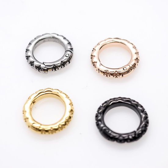 Picture of 304 Stainless Steel Bolt Spring Ring Clasps Circle Ring Carved Pattern Gold Plated 23mm Dia., 10 PCs