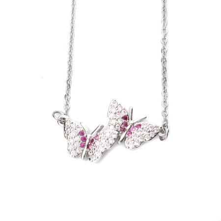 Image de Colliers en Acier Inoxydable & Cuivre Micro Pave Argent Mat Papillon Multicolore Zirconia Cubique 48cm Long, 1 Pièce