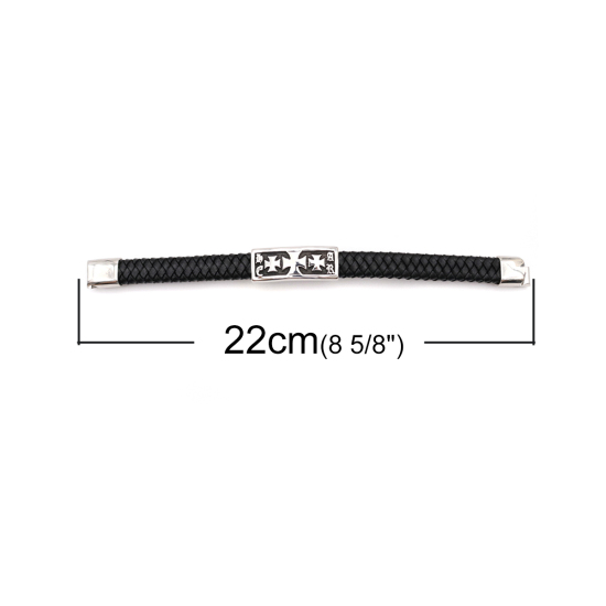 304ステンレス鋼+本革 バングル シルバートーン 黒 円形 クロス 織物 22cm 長さ、 1 本 の画像