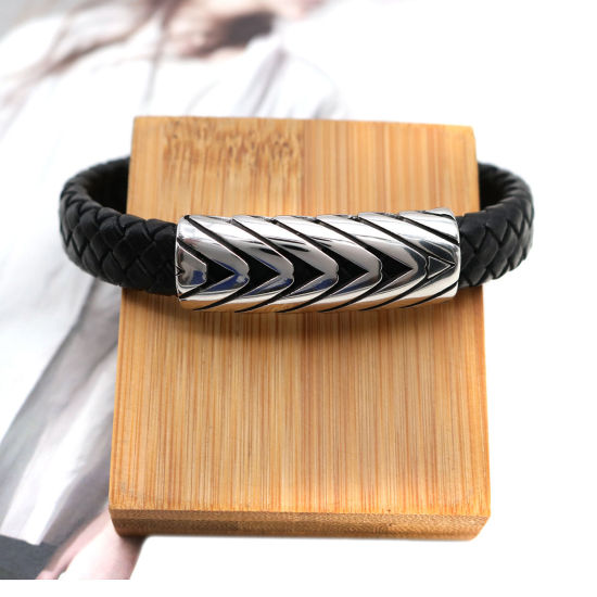 Picture of 304 Stainless Steel & Real Leather Bangles Bracelets Silver Tone Black Round Stripe Woven 21.5cm(8 4/8") long, 1 Piece