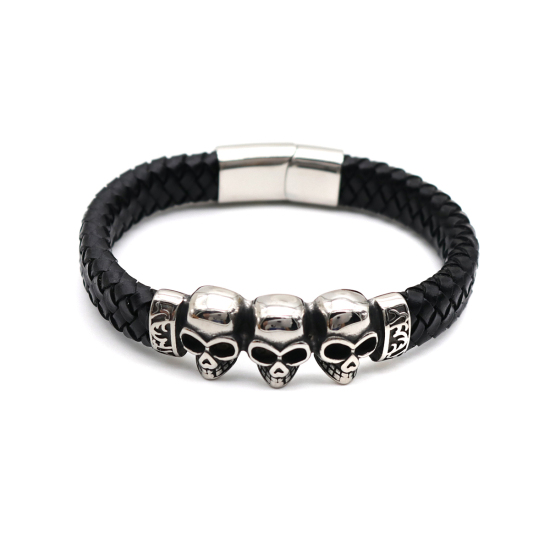 Image de Bracelets en 304 Acier Inoxydable & Cuir Réel Argent Mat Argent Antique Rond Crâne Tissé 22cm long, 1 Pièce