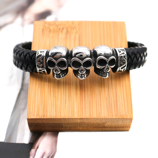 Image de Bracelets en 304 Acier Inoxydable & Cuir Réel Argent Mat Argent Antique Rond Crâne Tissé 22cm long, 1 Pièce
