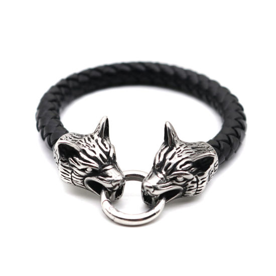 Picture of 304 Stainless Steel & Real Leather Bangles Bracelets Antique Silver Color Round Wolf Woven 22cm(8 5/8") long, 1 Piece