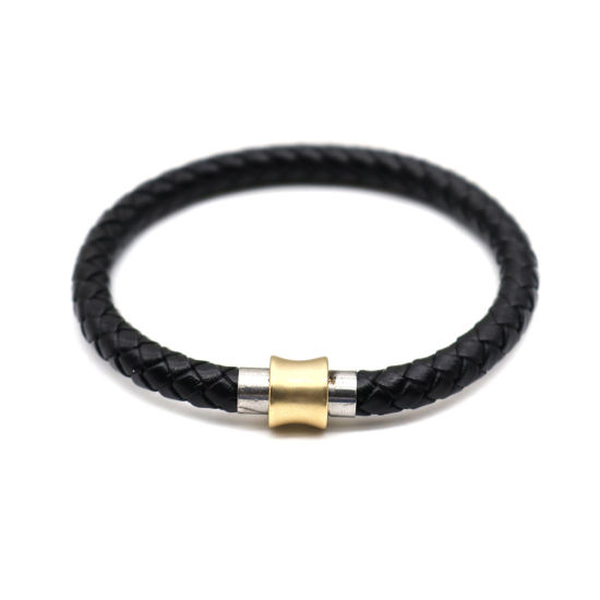 Picture of 304 Stainless Steel & Real Leather Bangles Bracelets Matt Gold Round Woven 19cm(7 4/8") long, 1 Piece