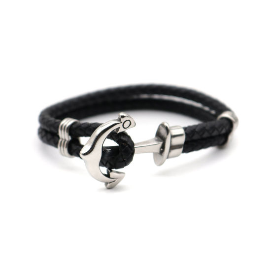 Picture of 304 Stainless Steel & Real Leather Bangles Bracelets Silver Tone Black Round Anchor Woven 21.5cm(8 4/8") long, 1 Piece