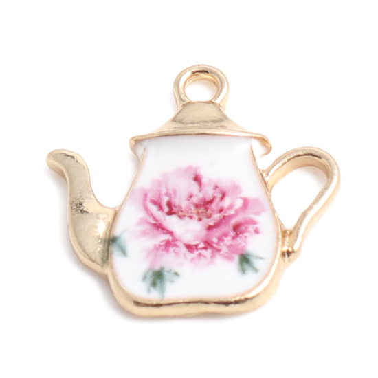 Picture of Zinc Based Alloy Charms Teapot Gold Plated White & Pink Flower Enamel 19mm x 19mm, 500 PCs