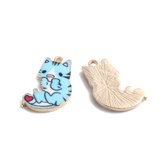Imagen de 10 Unidades Zamak Colgantes Chapado en Oro Azul Gato Esmalte 21mm x 13mm