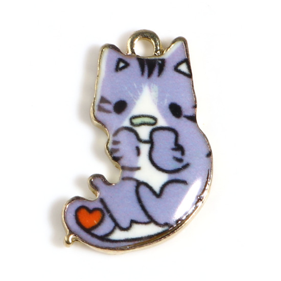 Imagen de Zamak Colgantes Charms Gato Chapado en Oro Púrpura Esmalte 21mm x 13mm, 10 Unidades