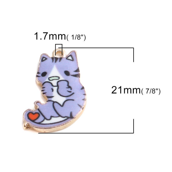 Imagen de Zamak Colgantes Charms Gato Chapado en Oro Púrpura Esmalte 21mm x 13mm, 10 Unidades