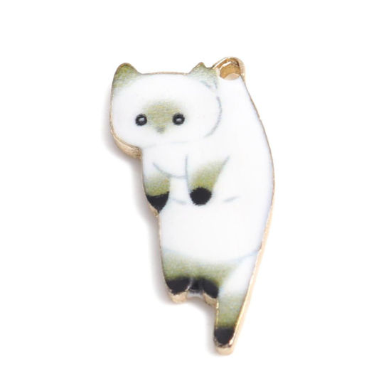 Picture of Zinc Based Alloy Charms Cat Animal Gold Plated White Enamel 25mm x 11mm, 10 PCs