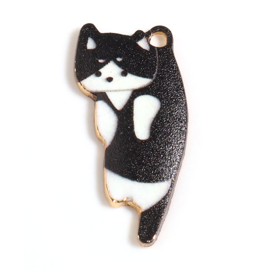 Picture of Zinc Based Alloy Charms Cat Animal Gold Plated Black & White Enamel 25mm x 11mm, 10 PCs