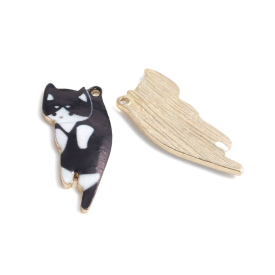 Picture of Zinc Based Alloy Charms Cat Animal Gold Plated Black & White Enamel 25mm x 11mm, 10 PCs