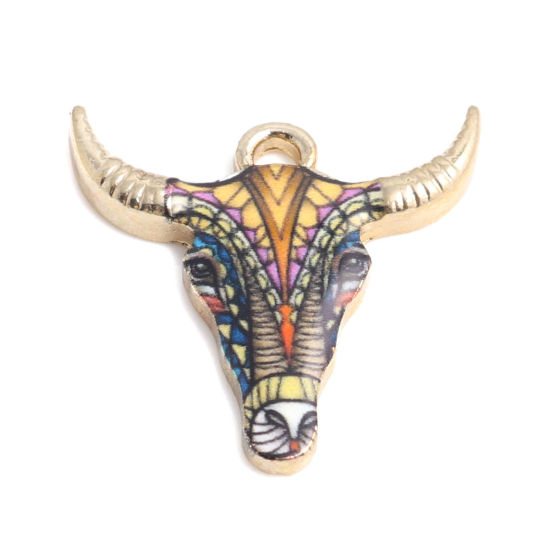 Picture of Zinc Based Alloy Charms Cow Animal Gold Plated Multicolor Enamel 22mm x 21mm, 10 PCs