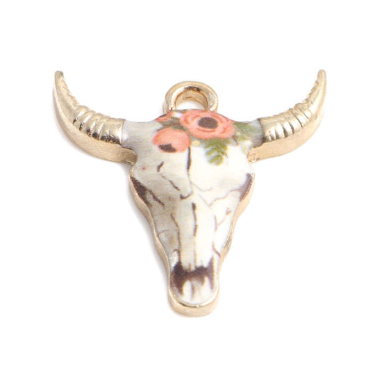 Picture of Zinc Based Alloy Charms Cow Animal Gold Plated Multicolor Flower Enamel 22mm x 21mm, 10 PCs